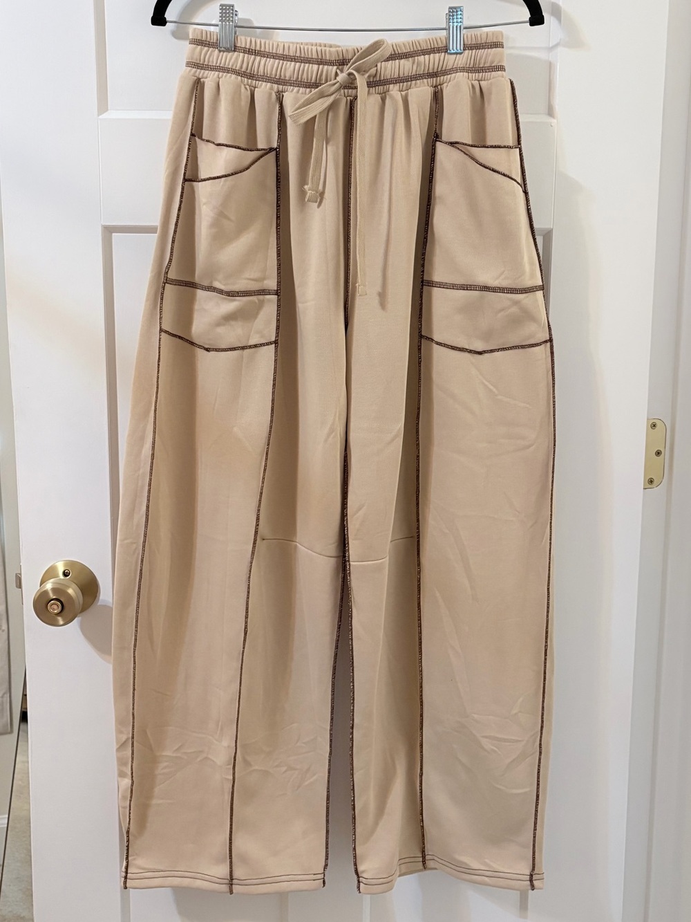 Beige Wide-Leg Drawstring Pocket lounge pants Barrel style brand new